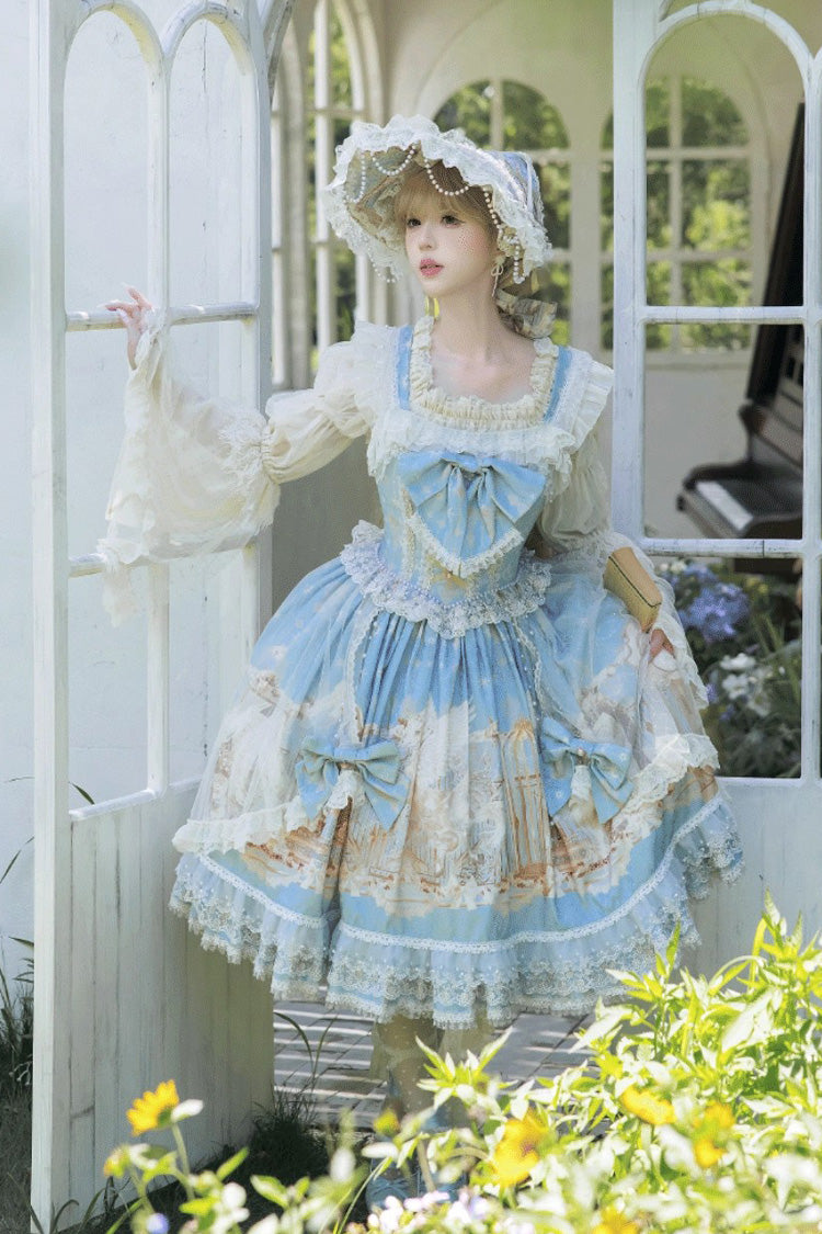 Blue Unicorn Print Sleeveless Multi-Layered Embroidery Bowknot Lace Sweet Lolita Jsk Dress