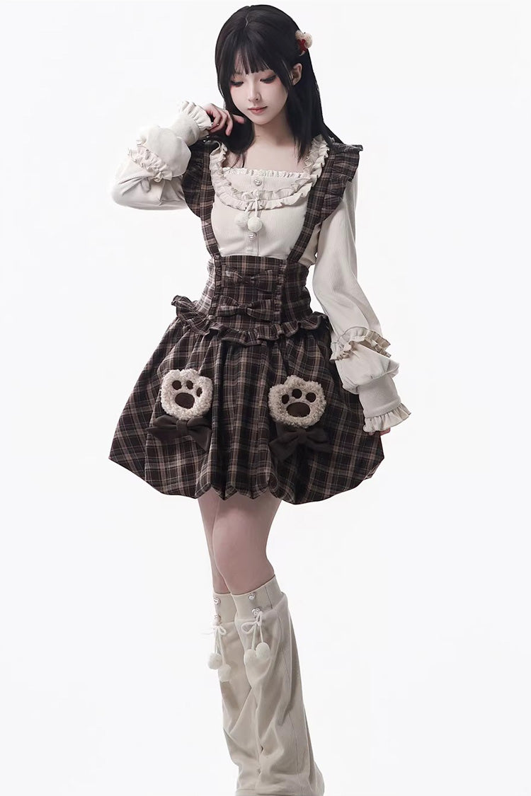Brown Fluffy Little Bear Plaid Printed Ruffled Bow Sweet Lolita Strap Dress