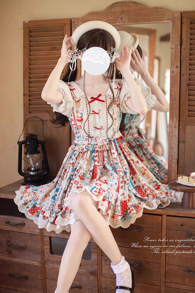 Multi-Color Linlang Painting Shop Short Sleeves Print Ruffle Bowknot Lace Sweet Vintage Lolita Dress