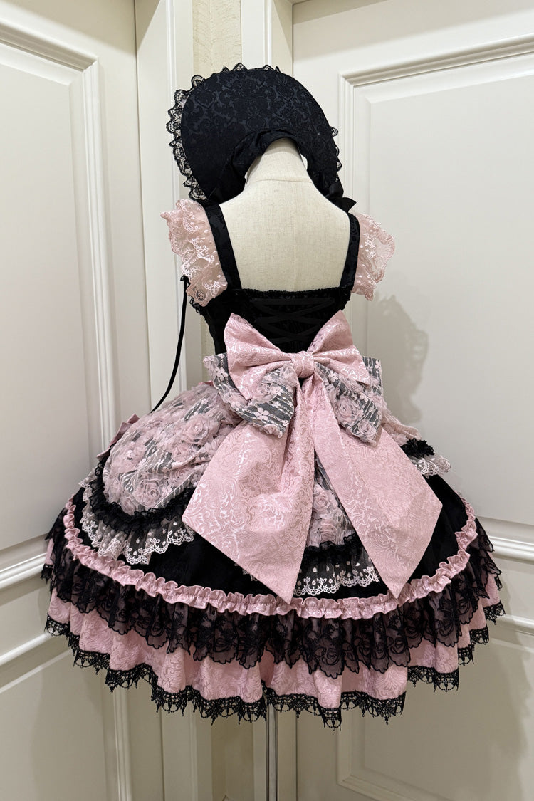 Black/Pink Rose Princess Sleeveless Ruffle Bowknot Lace Lace-Up Sweet Ballet Lolita Jsk Dress