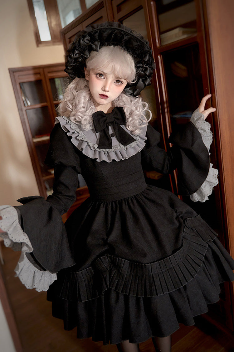 Black Chapter of the Night Long Hime Sleeves Ruffle Bowknot Gothic Lolita Dress