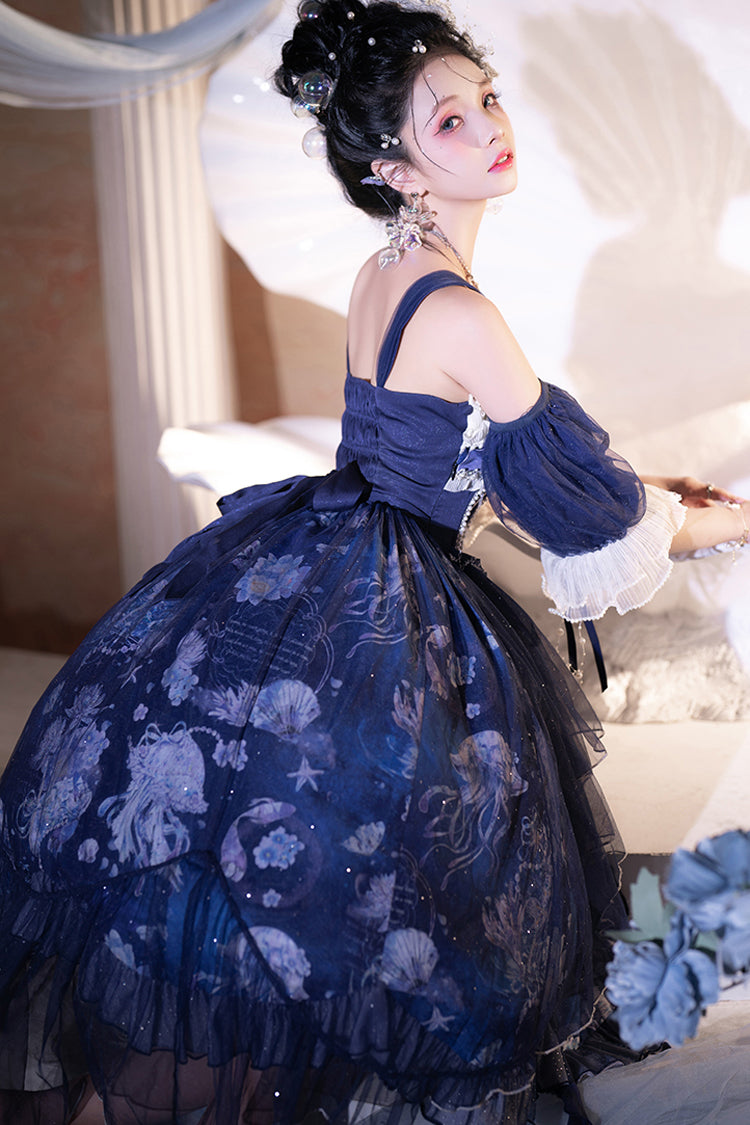 Blue Deep Sea Jellyfish Print Ruffle Lace Sweet Elegant Lolita Jsk Dress
