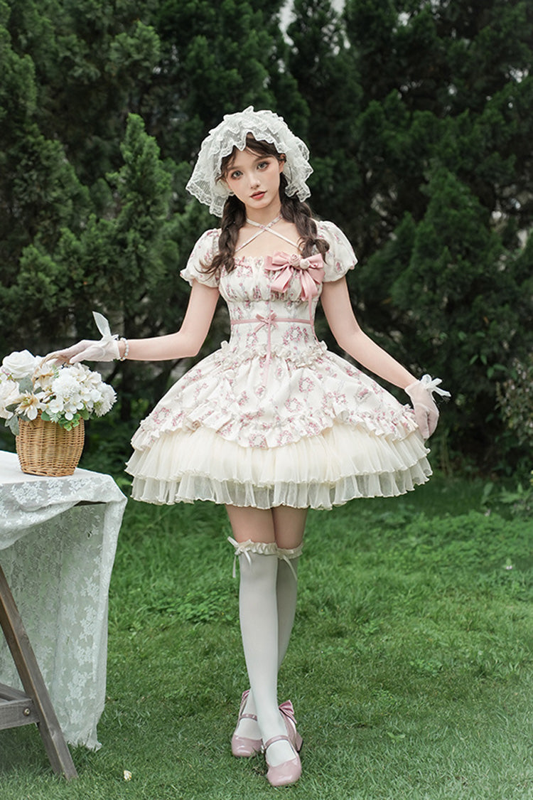 Ivory Rose After The Rain Short Sleeves Triple-Layered Print Ruffle Bowknot Lace-Up Sweet Lolita Short Dress