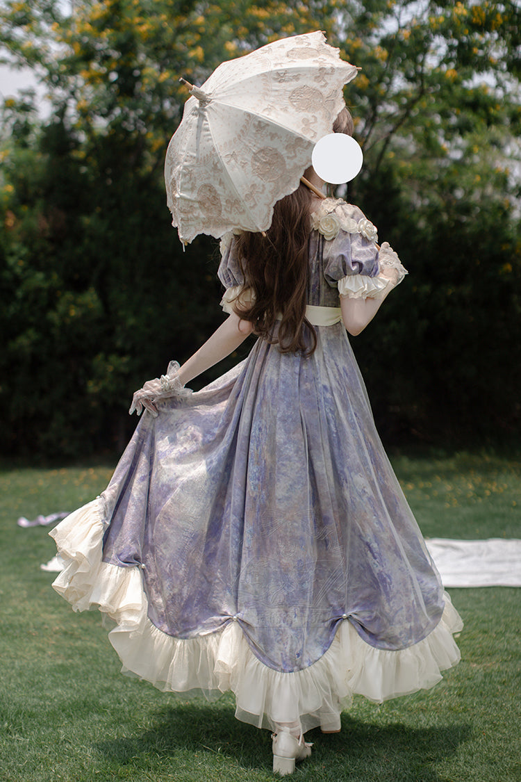 Purple Oil Painting Sun and Moon Poem Short Sleeves Print Ruffle Bowknot Sweet Princess Lolita Dress