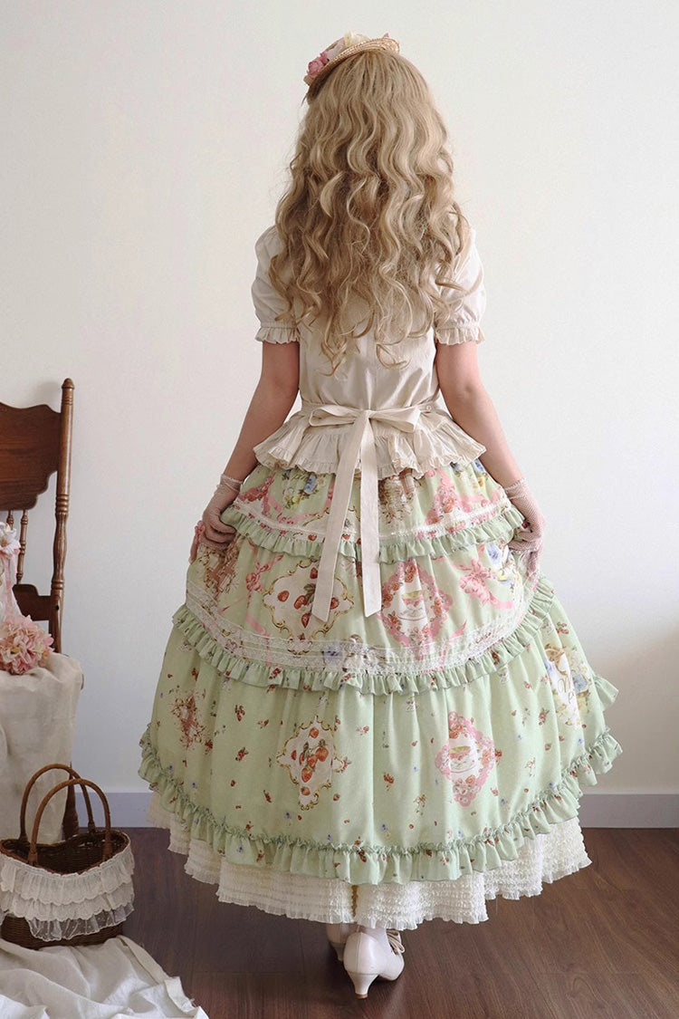Green Cat Rose Tea Print Ruffle Daily Sweet Lolita Skirt
