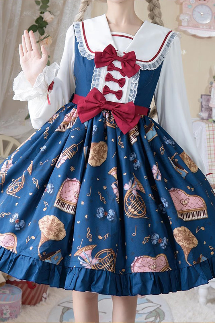 Bear Band Long Sleeves Print Ruffle Bowknot Lace Sweet Elegant Princess Lolita Dress 3 Colors