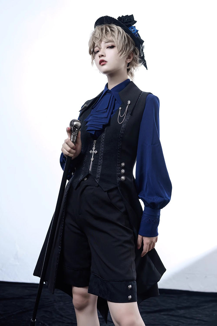 Black/Blue Vintage Medieval Little Prince Ouji Lolita Swallowtail Long Vest