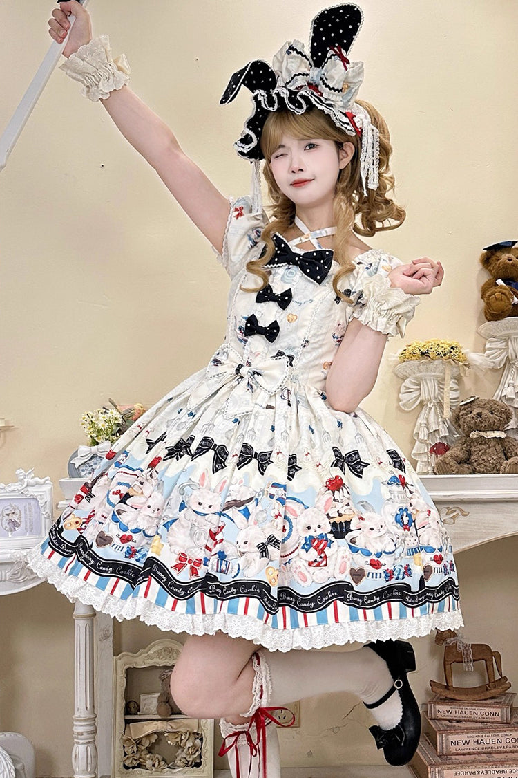 Beige Mystery Rabbit Tea Party Square Collar Short Sleeves Print Ruffle Bowknot Lace Sweet Lolita Dress