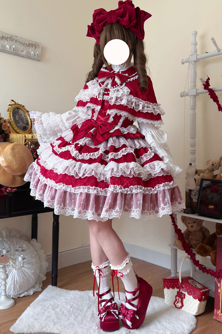 Wine Red Love and Heart Flutter Sleeveless Multi-Layered Ruffle Bowknot Lace Pearl Sweet Lolita Jsk Dress