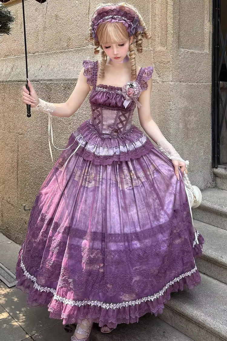 Purple Mist-shrouded Vineyard Sleeveless Ruffle Bowknot Lace-Up Sweet Lolita Jsk Skirt Dress Set