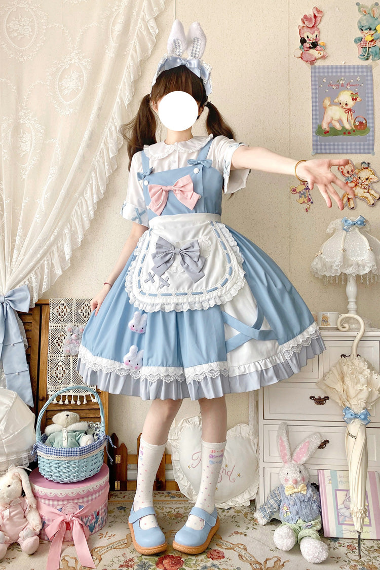 Blue Picnic Rabbit Ruffle Bowknot Lace Daily Sweet Lolita Jsk Dress Set