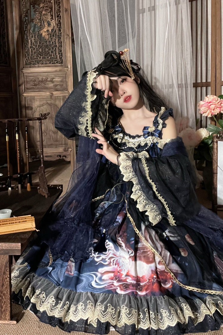 Nine-tailed fox Print Ruffle Bowknot Classic Chinese Style Princess Lolita Jsk Dress 2 Colors