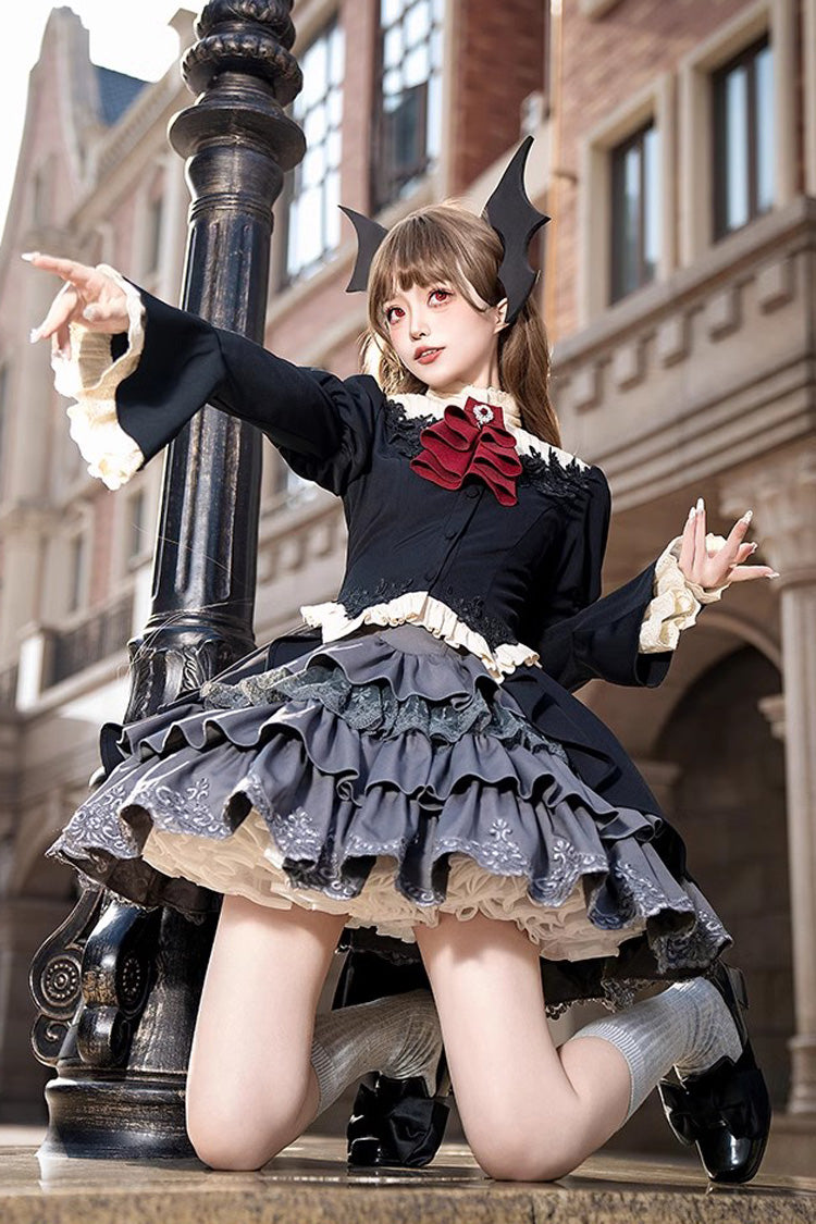 Black Eternal Night Feast Multi-Layered Ruffle Lace Gothic Princess Lolita Top and Skirt Set