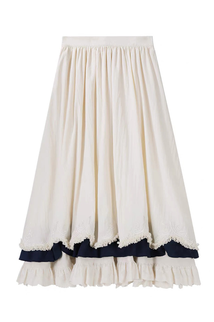 Beige Morning Mist Coast Stand Collar Long Sleeves Ruffle Embroidery Vintage Elegant Lolita Skirt Dress Set