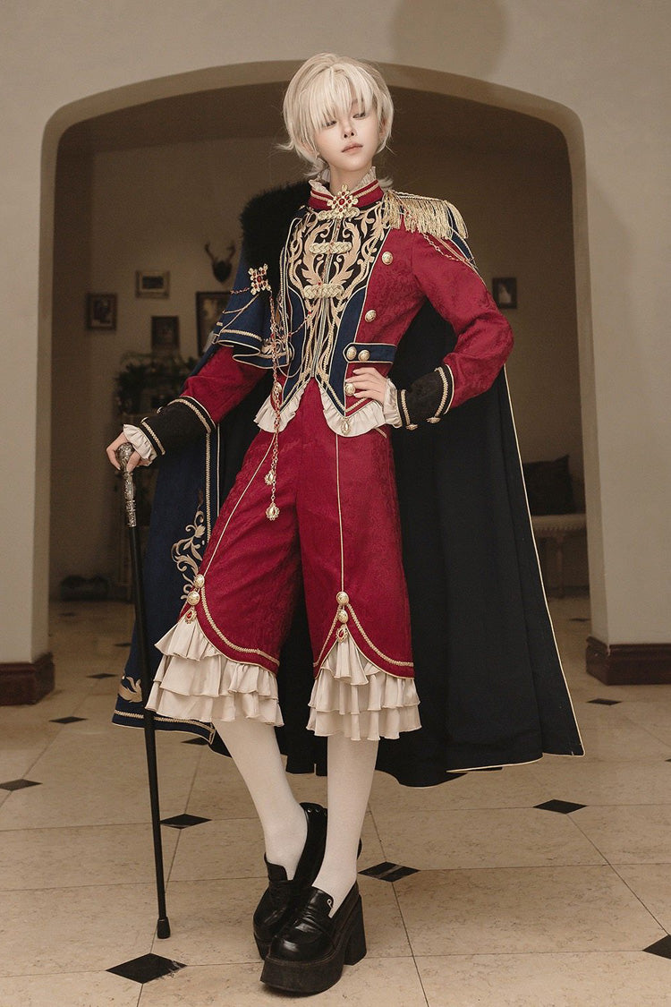 Red/Blue Royal Glory Stand Collar Long Sleeves Ruffled Embroidered Gothic Vintage Prince Palace Ouji Lolita Set