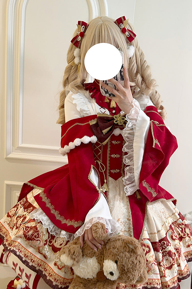 Red New Year Print Ruffle Bowknot Lace-Up Sweet Chinese Style Lolita Jsk Dress