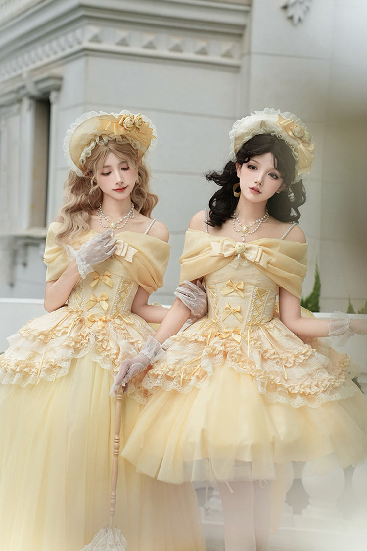 Yellow Sissi's Pilgrimage Off Shoulder Ruffle Bowknot Lace Sweet Lolita Skirt (Long Version)
