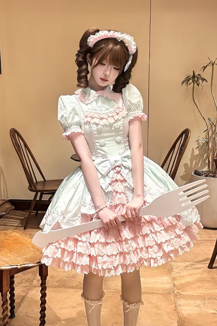 Pink/Green Honeydew Melon Parfait Short Sleeves Multi-Layered Ruffle Bowknot Sweet Lolita Dress