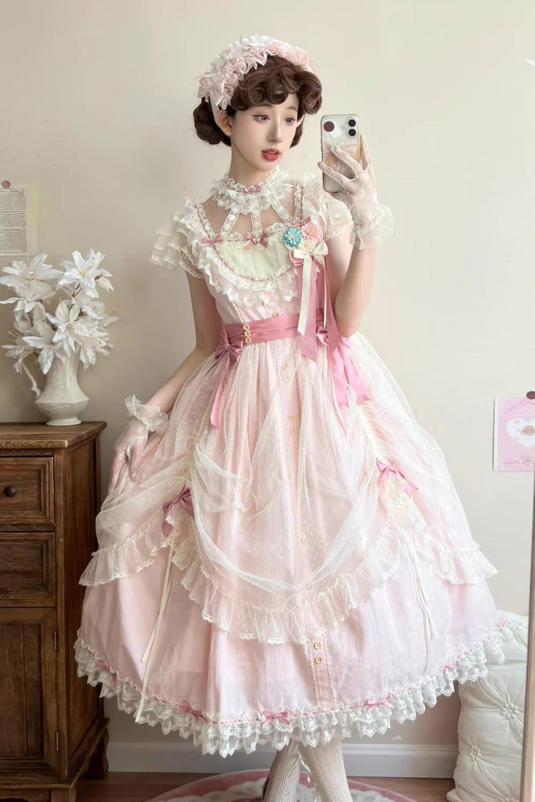 Pink Sakura's Spring Resonance Sleeveless Ruffled Bow Sweet Lolita Jsk Dress (Long Version)