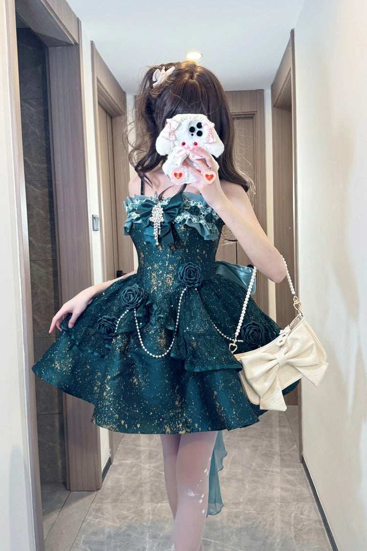 Cosmic Shimmer Halterneck Oil Printed Ruffled Bow Lace Pearl-Decorated Sweet Princess Lolita Short Jsk Dress 2 Colors