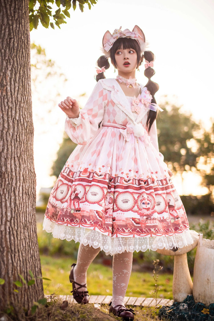 White Afternoon Fantasia Print Ruffle Bowknot Sweet Lolita Jsk Dress