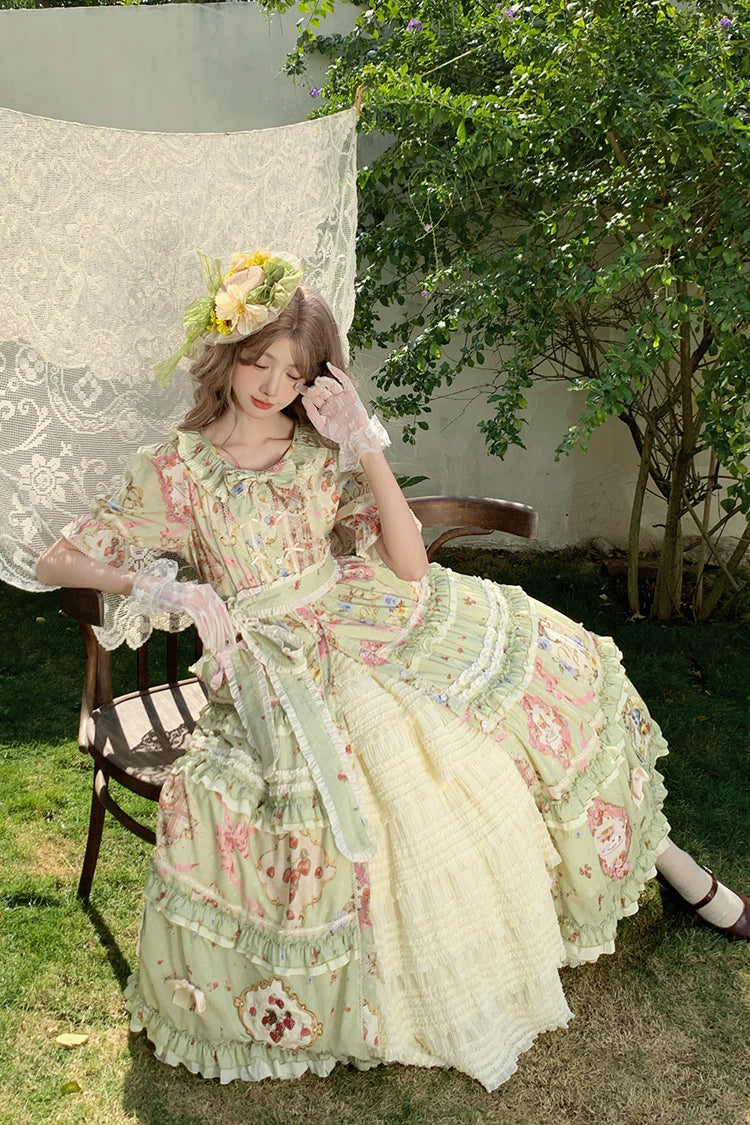 Green Cat Rose Tea Short Sleeves Print Ruffle Cardigan Bowknot Sweet Gorgeous Lolita Dress