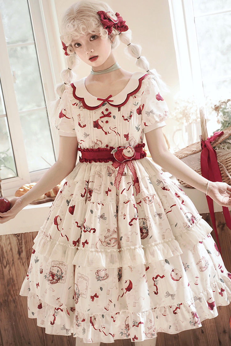 White Apple Tea Print Short Sleeves Country Style Ruffle Bowknot Sweet Lolita Dress