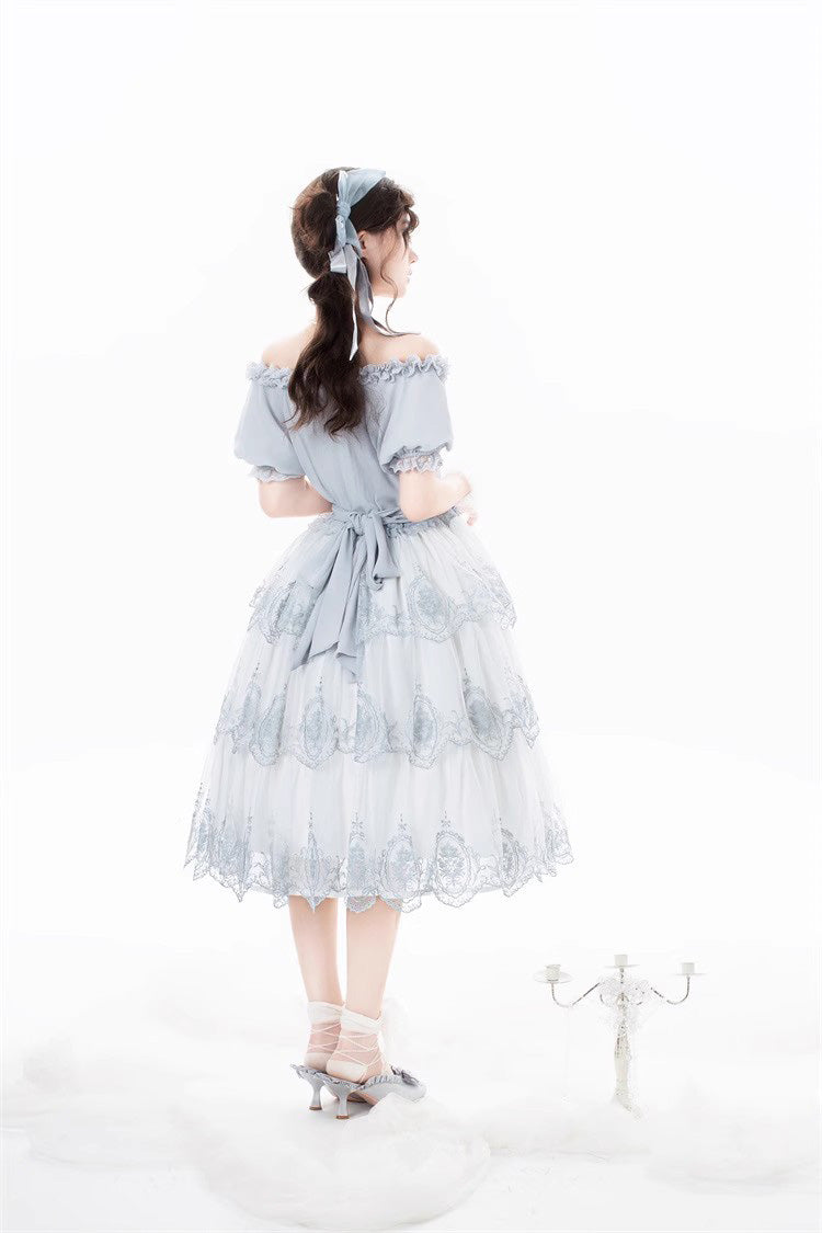 Light Blue Flower Promise Short Sleeves Multi-layer Print Sweet Elegant Princess Lolita Dress