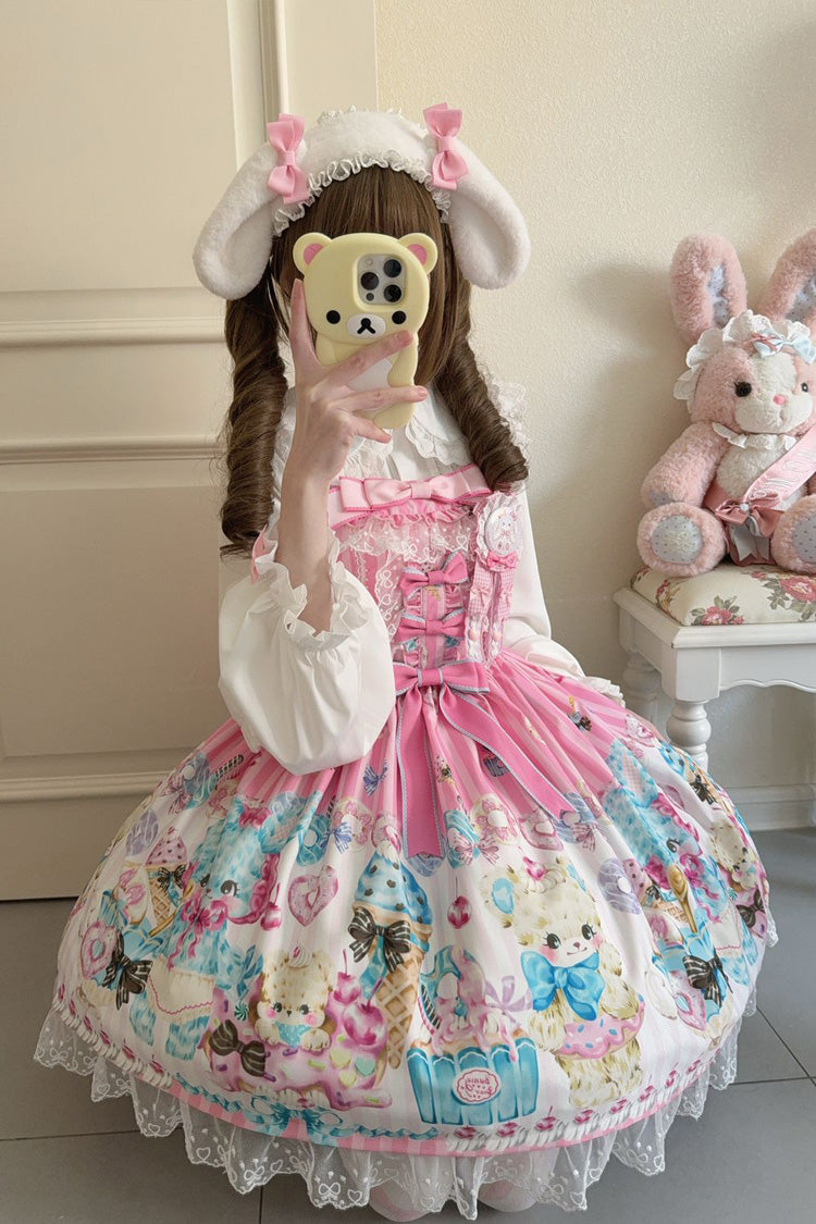 Pink Floral Whisper Bear Print Ruffle Bowknot Lace Sweet Princess Lolita Jsk Dress