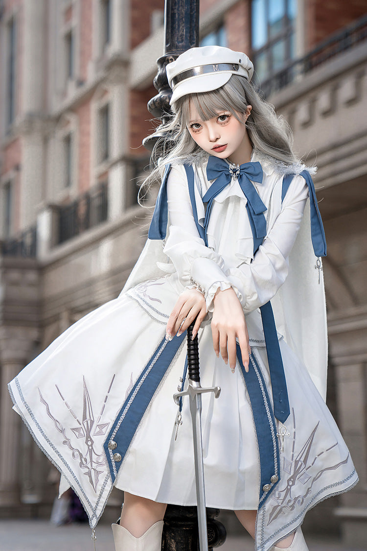 White/Blue Star Knight Print Punk Military Princess Handsome Ouji Lolita Skirt