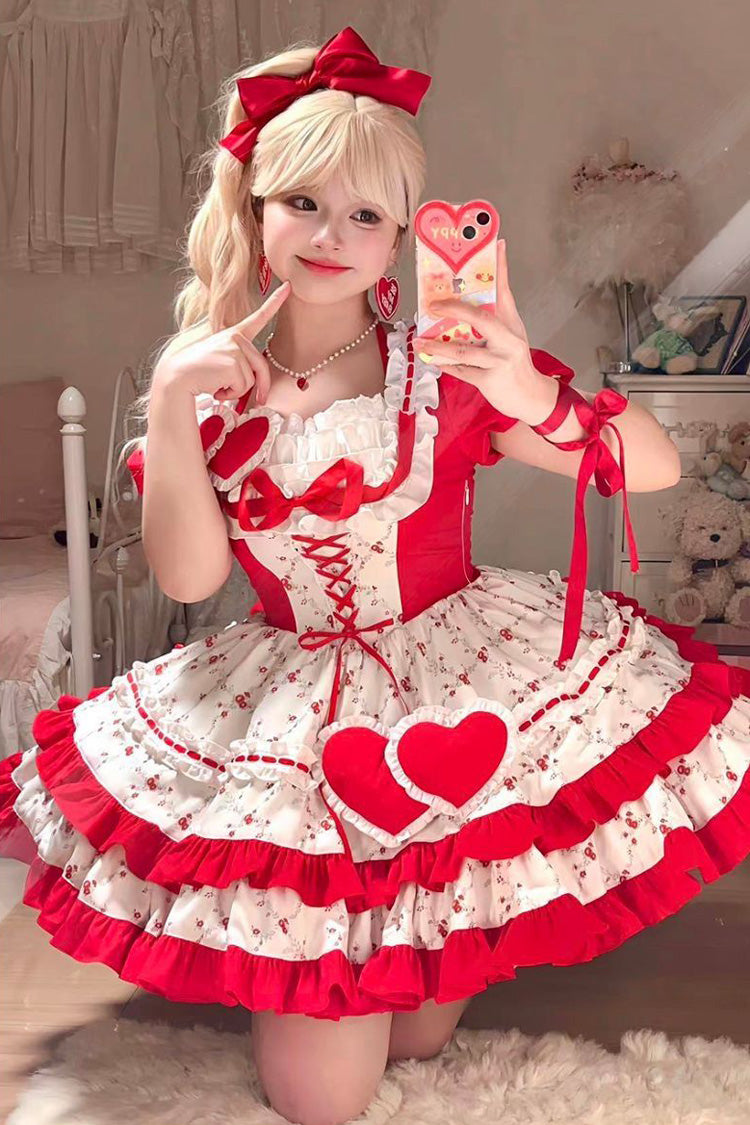 Red Double-Layered Floral Print Ruffle Bowknot Sweet Lolita Dress