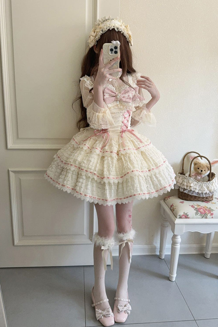 Apricot Song of Floral Letters Sleeveless Triple-Layered Bowknot Lace-Up Sweet Lolita Jsk Dress
