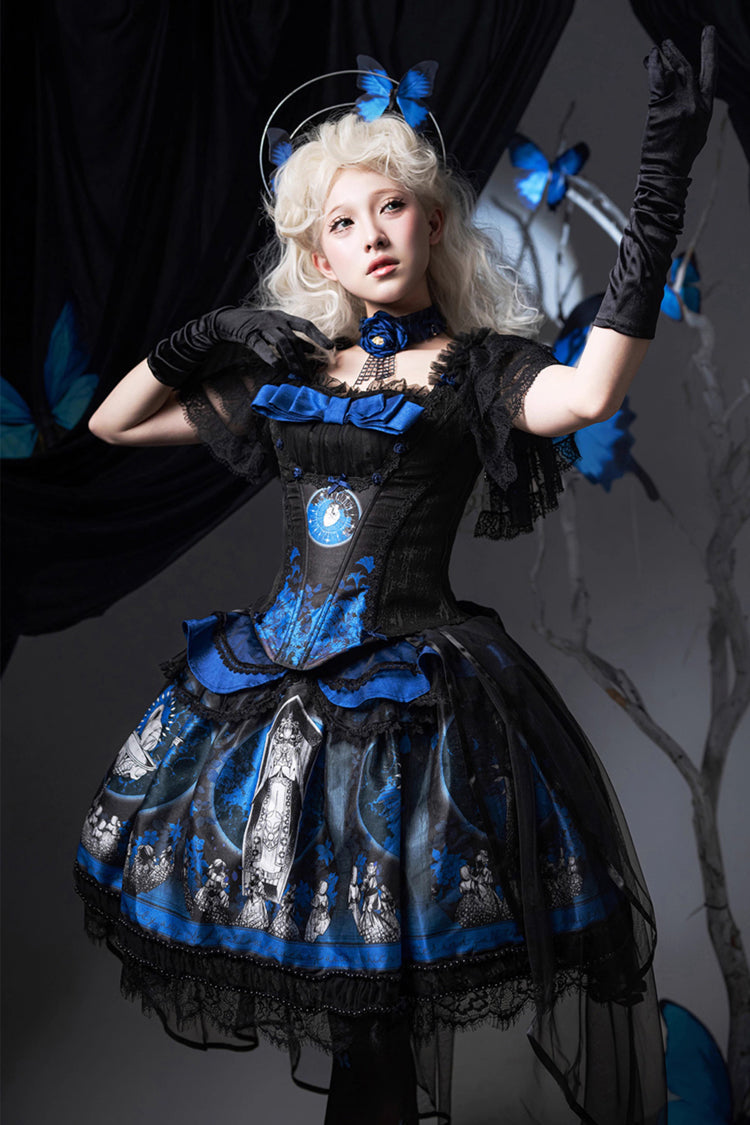 Blue Dark Moon Corridor Print Embroidery Gothic Lolita Dress Skirt
