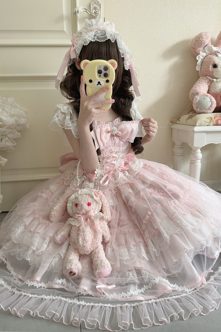 Pink Eternal Vow Sleeveless Multi-Layered Ruffle Hanayome Bowknot Lace Lace-Up Sweet Lolita Jsk Dress