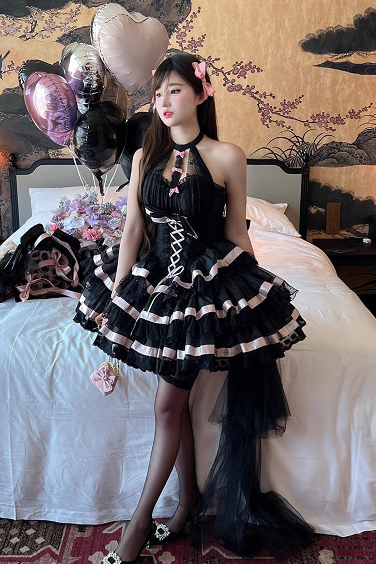 Black Ballet Dream Halterneck Triple-Layered Ruffle Bowknot Lace-Up Sweet Princess Lolita Dress