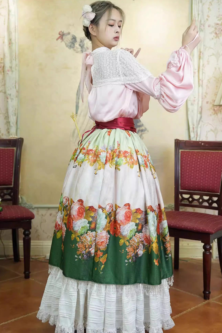 Green Rainy Season Garden Print Ruffle Sweet Classic Lolita Skirt