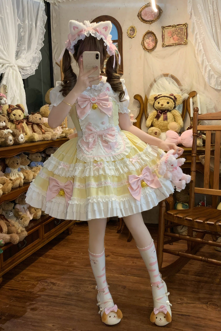 Yellow Meowling Sweet Maid Sleeveless Multi-Layered Ruffle Bowknot Lace Sweet Princess Lolita Jsk Dress