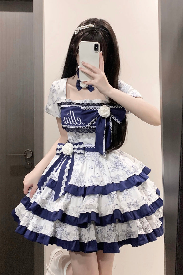 Blue/White Porcelain Print Multi-layer Ruffle Embroidery Bowknot Sweet Lolita Dress