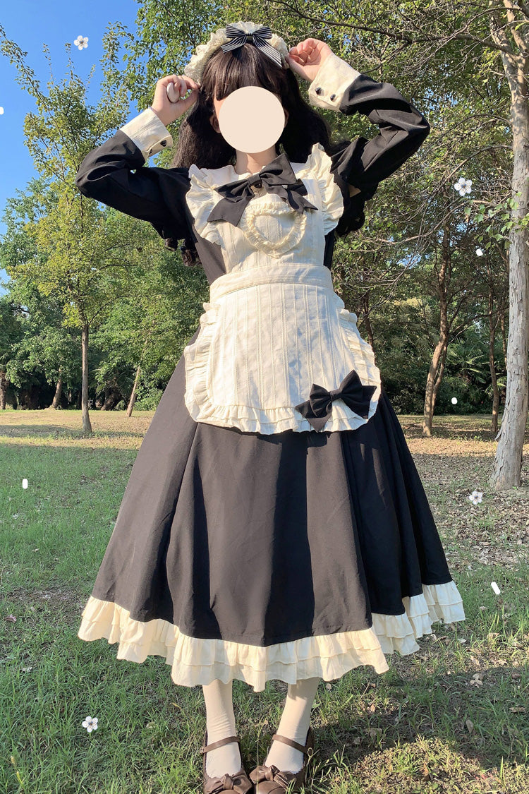 Black/White Maid Long Sleeves Ruffle Bowknot Stitching Sweet Long Lolita Dress