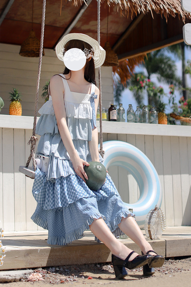 Blue Go To The Beach Multi-Layered Print Ruffle Holiday Sweet Lolita Jsk Dress