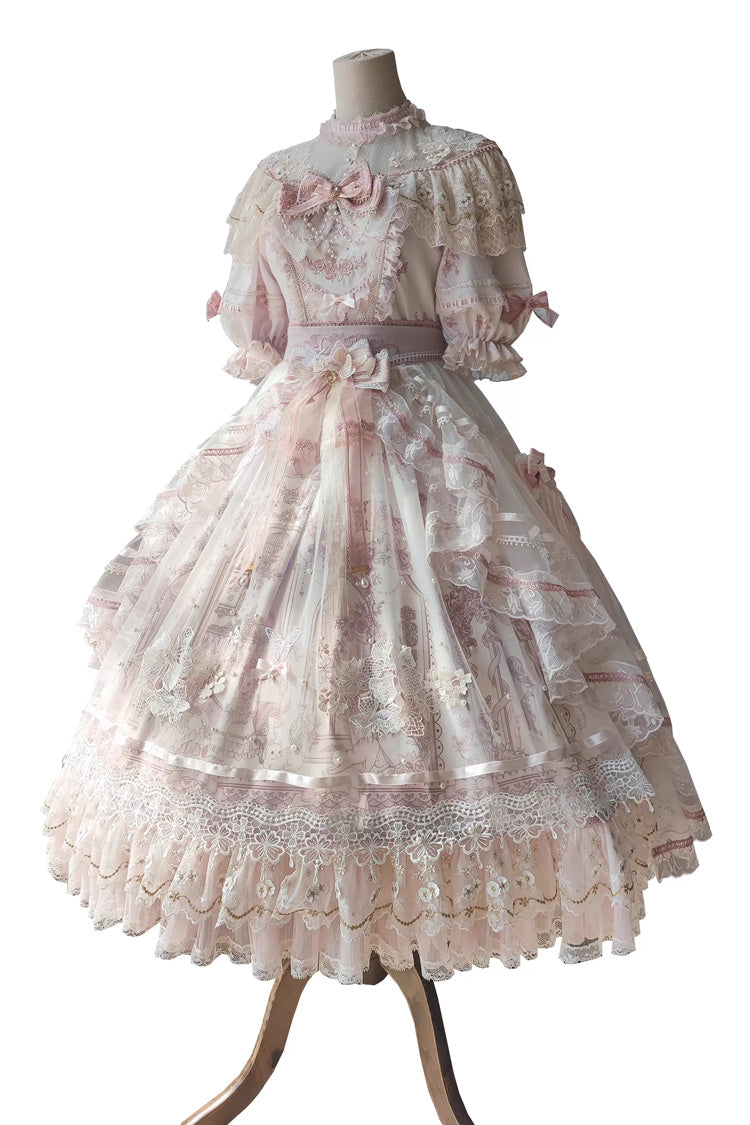 White/Pink Realm of Sunset Short Sleeves Printed Ruffled Hanayome Bow Lace Gorgeous Sweet Lolita Dress Set