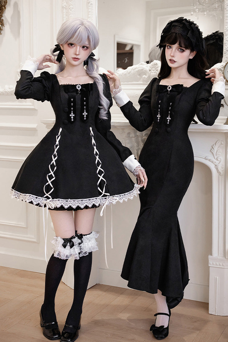 Black/White Rose Doll Square Collar Long Sleeves Bowknot Lace-Up Gothic Lolita Dress Set 2 Versions