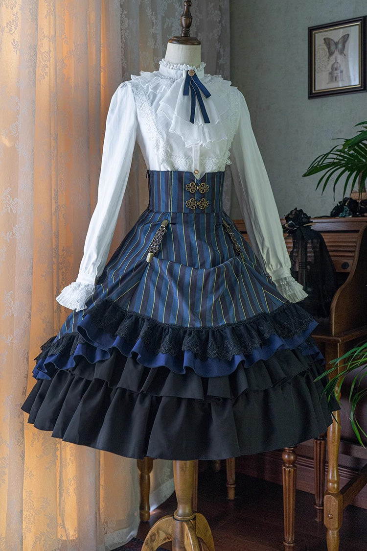 Point Manor Multi-layer Striped Print Ruffle Vintage Elegant Gothic Lolita Skirt 4 Colors