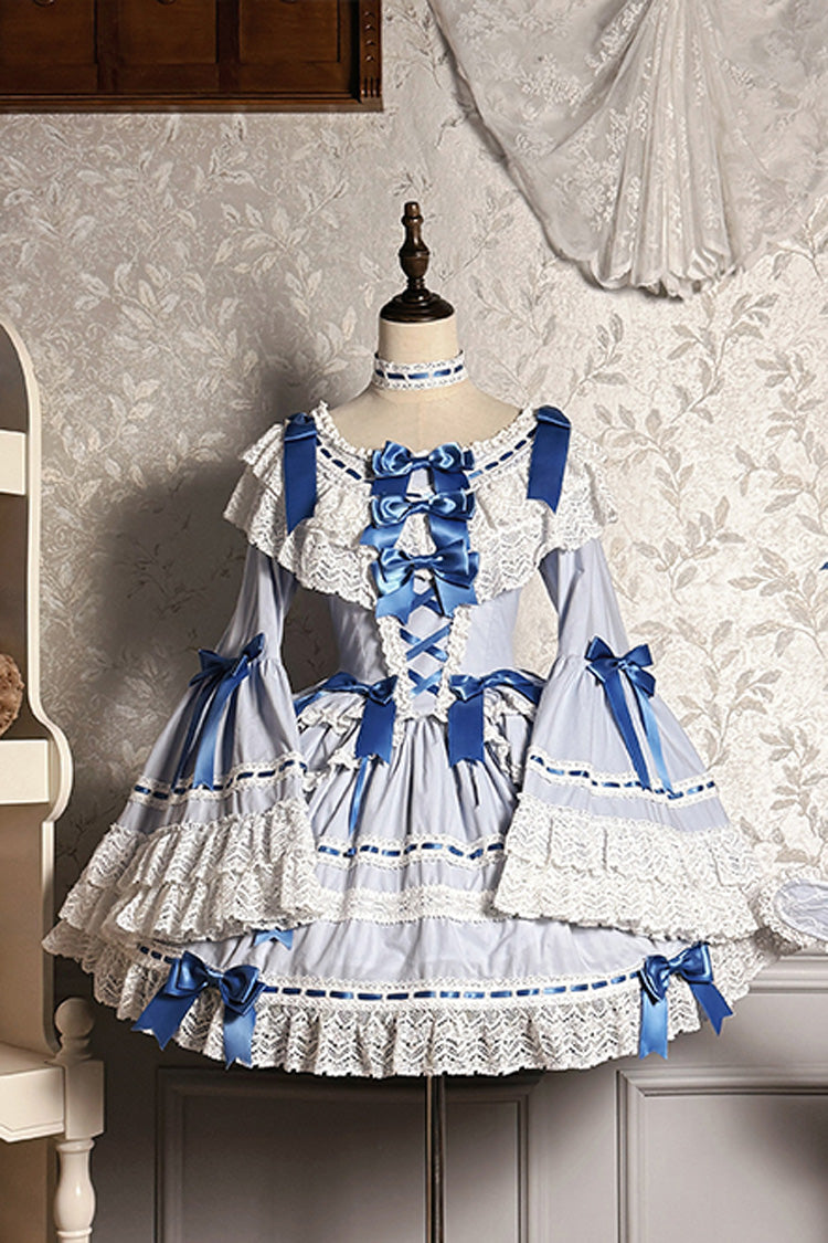 Blue/White Rabbit Sleeping Doll Long Trumpet Sleeves Ruffle Bowknot Lace Sweet Lolita Dress