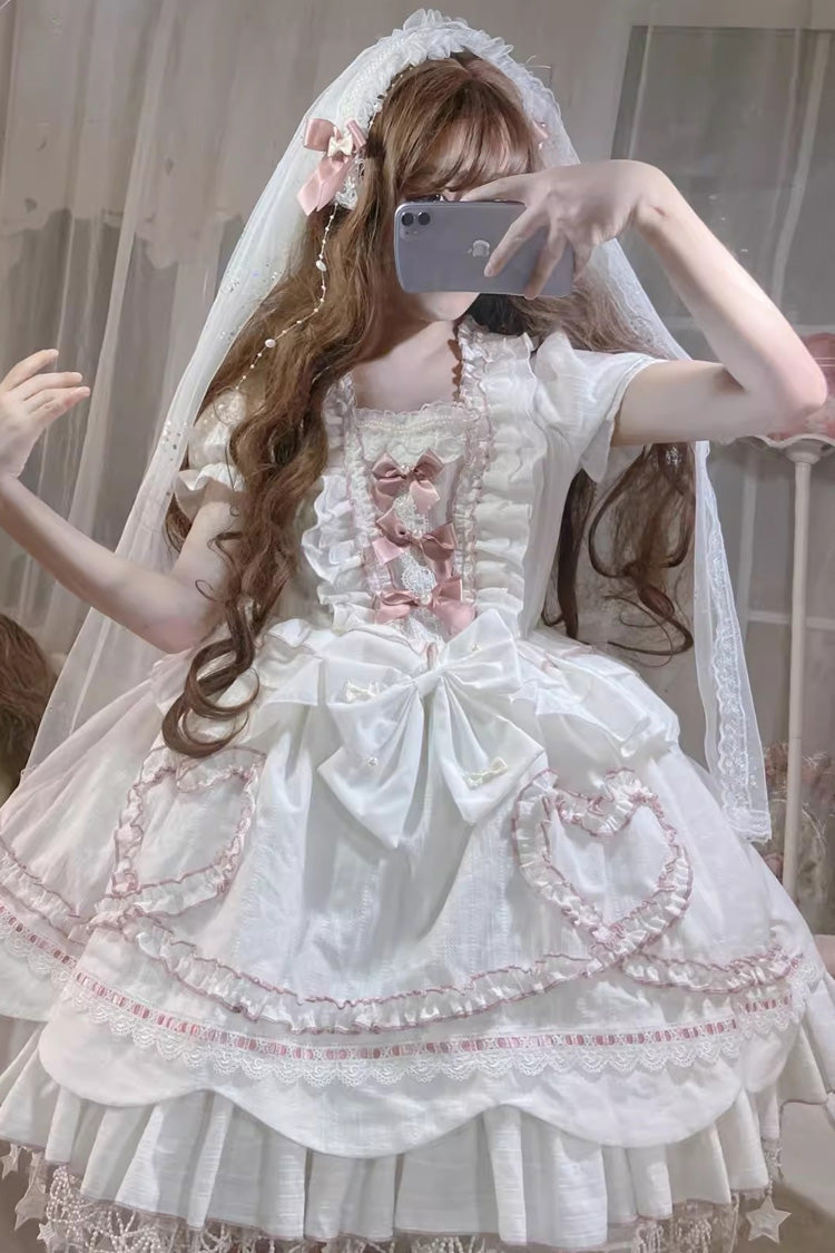 White Pure Love Story Hanayome Bowknot Stitching Ji Sleeves Sweet Lolita Dress