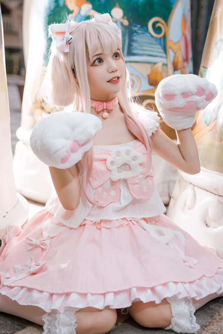 Pink Miss Meow Print Ruffle Bowknot Sweet Lolita Skirt Set
