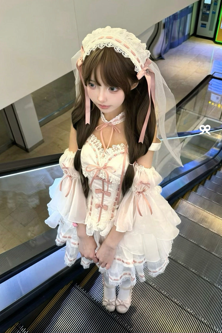 White Little Love Song Detachable Trumpet Sleeves Ruffle Bowknot Lace Sweet Lolita Top Skirt Set