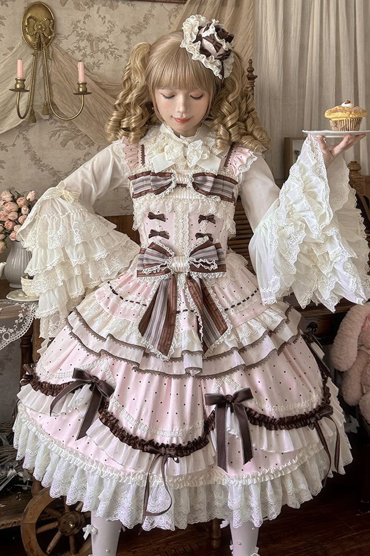 Pink Shengqiao Tata Sleeveless Print Ruffle Bowknot Lace-Up Sweet Elegant Lolita Jsk Dress
