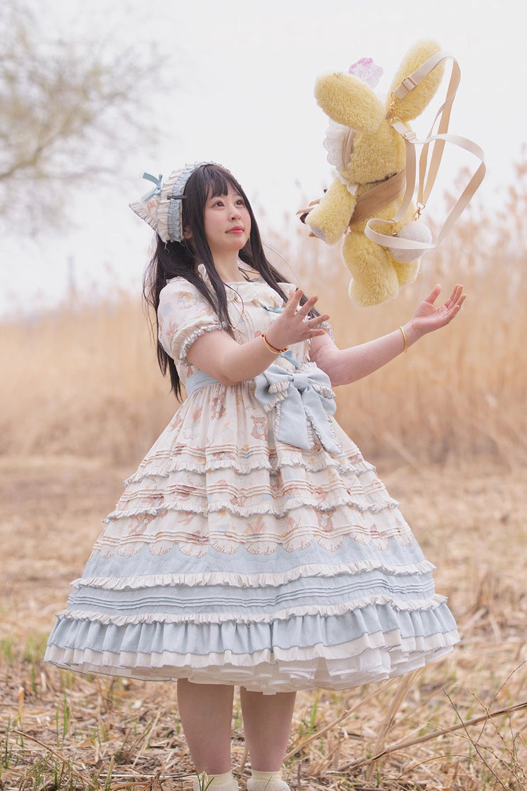 Blue/Apricot Harvest Bear Print Short Sleeves Multi-Layered Ruffle Bowknot Sweet Plus Size Lolita Dress 2 Versions