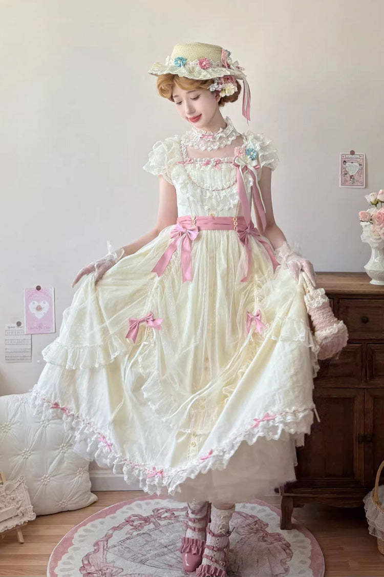 Yellow Sakura's Spring Resonance Sleeveless Ruffled Bow Sweet Lolita Jsk Dress (Long Version)